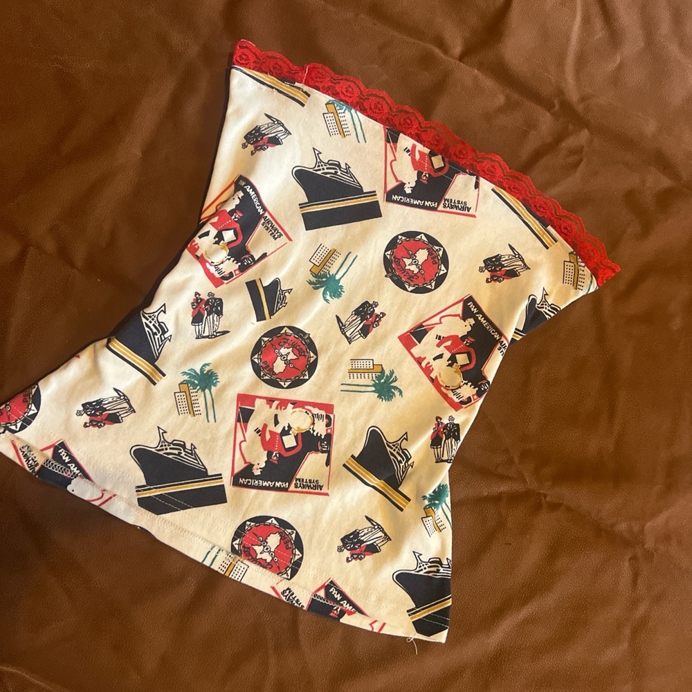 Handmade one of a kind  Graphic Tube Top with Red Lace